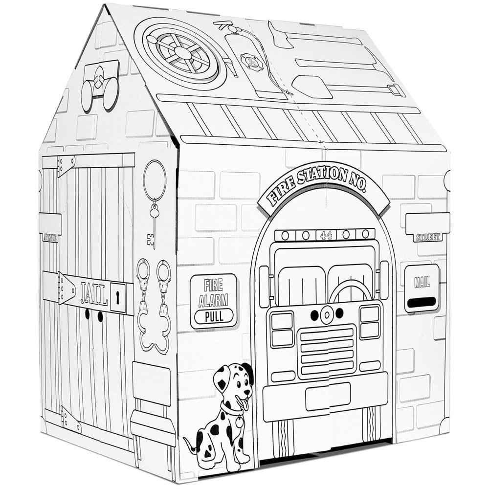 Easy Playhouse Police and Fire Station - Kids Art & Craft for Indoor & Outdoor Fun  Decorate & Personalize The Cardboard Fort, 32" X 26. 5" X 40. 5" - Made in USA, Age 3+ [Amazon Exclusive], white