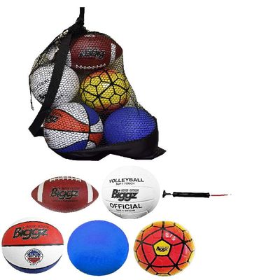 Biggz Bag of Sport Balls Basketball, Soccer Ball, Football, Volleyball, Playground Ball, and Pump