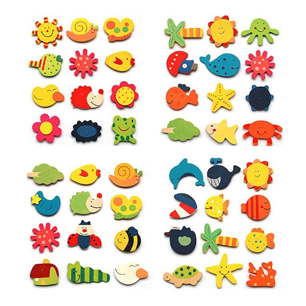 BARMI 12Pcs Wooden Cartoon Sun Fish Fridge Magnet Stickers Education Kid Toy Art Decor,Perfect Child Intellectual Toy Gift Set Random Style 12pcs