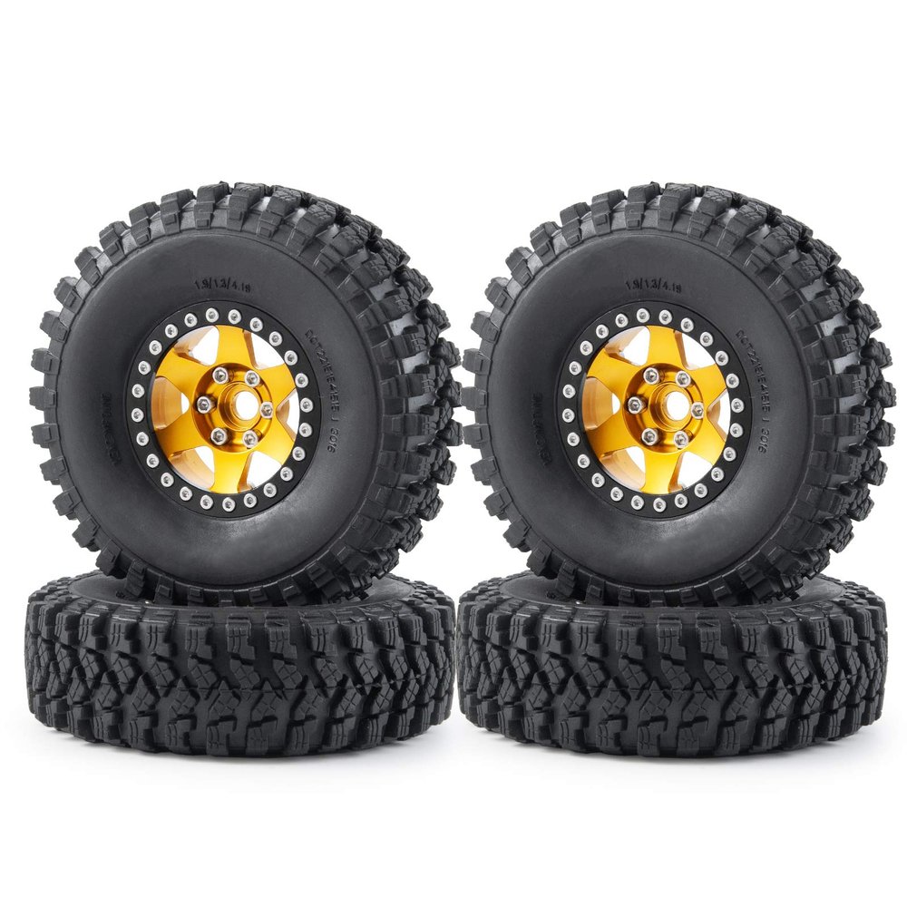 4 Pcs 106mm Rubber Tires 1.9" Wheel Rim Set Aluminum Alloy Metal Bead Lock Design for 1/10 AXIAL SCX10 CC01 Truck RC Crawlers Cars (Yellow+Black)