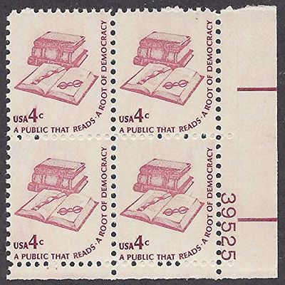 1977 Books and Eyeglasses Plate Block of 4 US Postage Stamps Catalog Number 1585 Mint Never Hinged