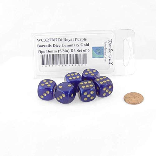 Royal Purple Borealis Dice Luminary with Gold Pips 16mm (5/8in) D6 Set of 6 Wondertrail