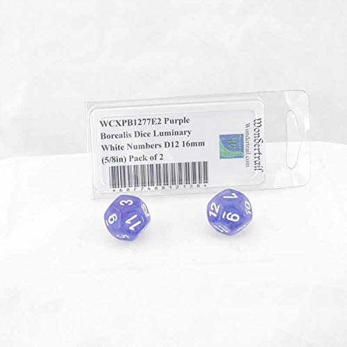 Purple Borealis Dice Luminary with White Numbers D12 Aprox 16mm (5/8in) Pack of 2 Wondertrail