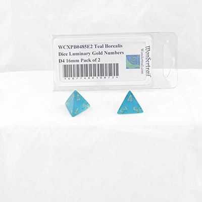 Teal Borealis Dice Luminary with Gold Numbers D4 Aprox 16mm (5/8in) Pack of 2 Wondertrail