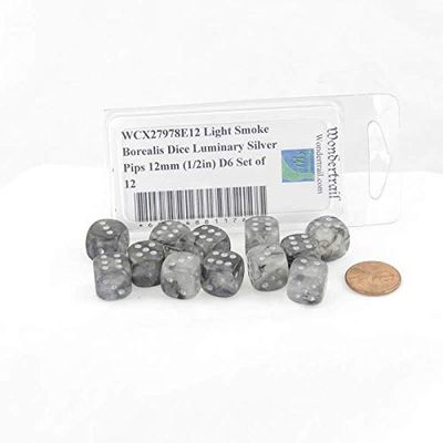 Light Smoke Borealis Dice Luminary with Silver Pips 12mm (1/2in) D6 Set of 12 Wondertrail