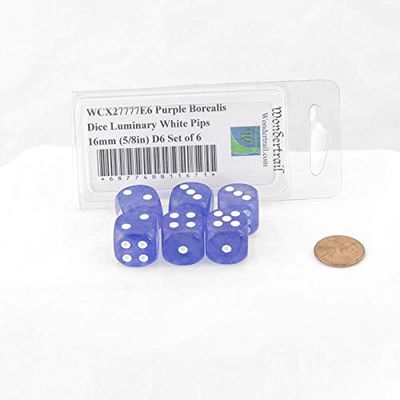 Purple Borealis Dice Luminary with White Pips 16mm (5/8in) D6 Set of 6 Wondertrail