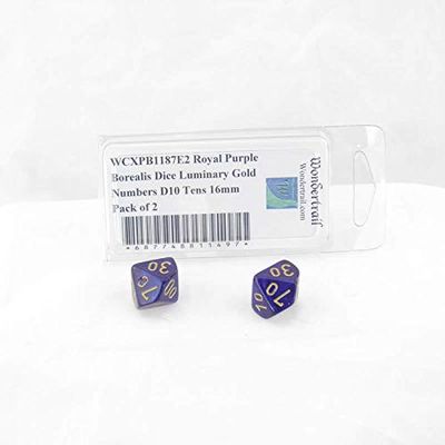 Royal Purple Borealis Dice Luminary with Gold Numbers D10 Tens Aprox 16mm (5/8in) Pack of 2