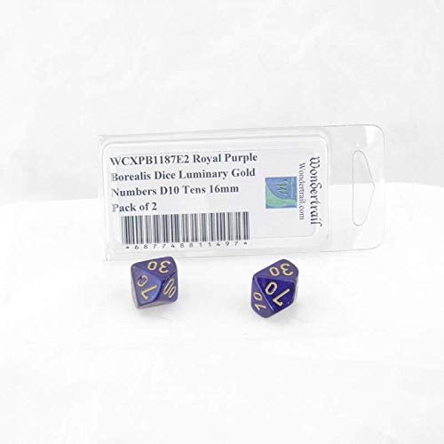 Royal Purple Borealis Dice Luminary with Gold Numbers D10 Tens Aprox 16mm (5/8in) Pack of 2