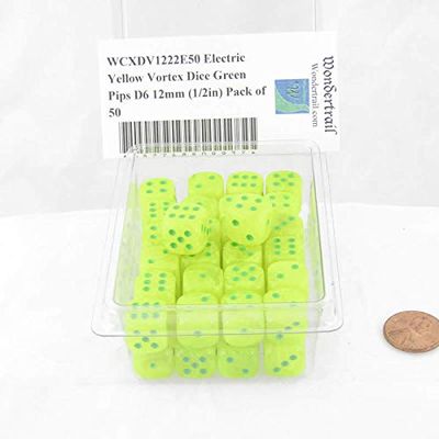 Electric Yellow Vortex Dice with Green Pips D6 12mm (1/2in) Pack of 50 Wondertrail