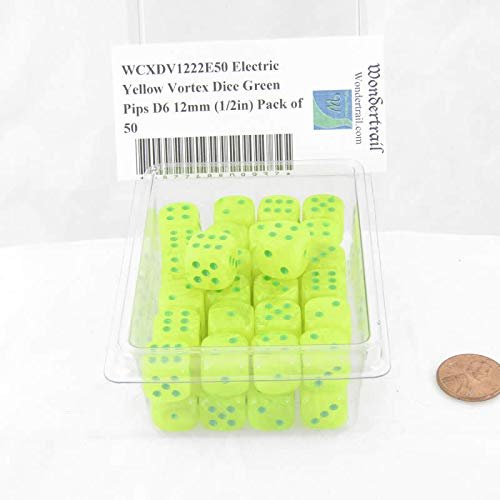 Electric Yellow Vortex Dice with Green Pips D6 12mm (1/2in) Pack of 50 Wondertrail