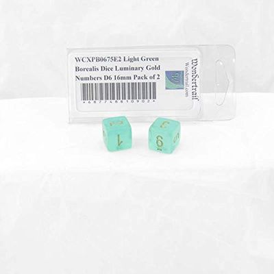 Light Green Borealis Dice Luminary with Gold Numbers D6 Aprox 16mm (5/8in) Pack of 2 Wondertrail