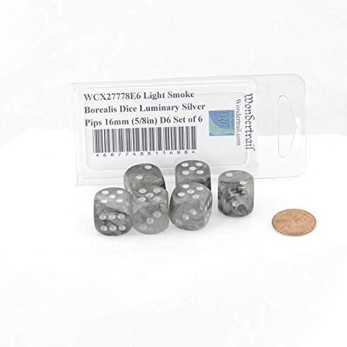Light Smoke Borealis Dice Luminary with Silver Pips 16mm (5/8in) D6 Set of 6 Wondertrail