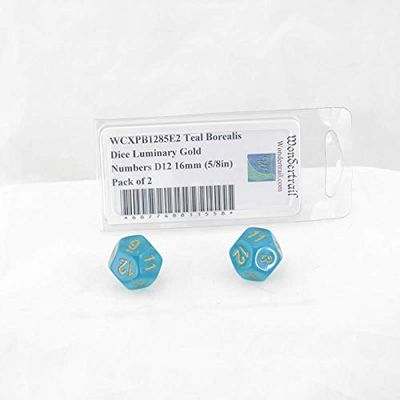 Teal Borealis Dice Luminary with Gold Numbers D12 Aprox 16mm (5/8in) Pack of 2 Wondertrail