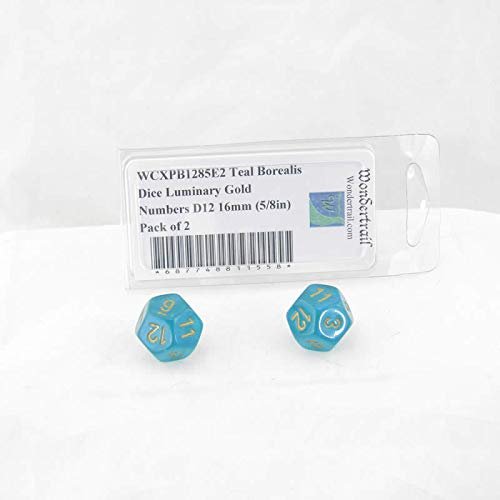 Teal Borealis Dice Luminary with Gold Numbers D12 Aprox 16mm (5/8in) Pack of 2 Wondertrail