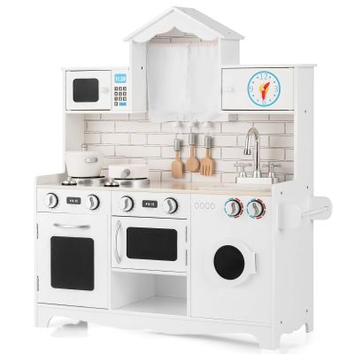 Costzon Kids Kitchen Playset, Wooden Pretend Cooking Play Toy Set with Realistic Sound, Microwave, Windows, Clock, Sink, Large Storage Space, Kitchen Set for Toddlers, Boys Girls 3+