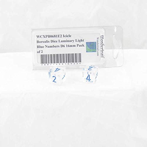 Icicle Borealis Dice Luminary with Light Blue Numbers D6 Aprox 16mm (5/8in) Pack of 2 Wondertrail