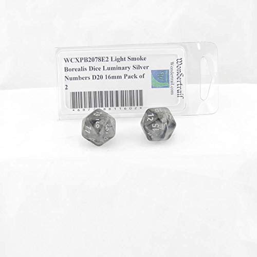 Light Smoke Borealis Dice Luminary with Silver Numbers D20 Aprox 16mm (5/8in) Pack of 2 Wondertrail