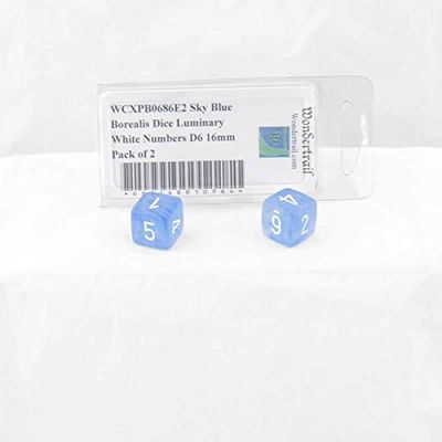 Sky Blue Borealis Dice Luminary with White Numbers D6 Aprox 16mm (5/8in) Pack of 2 Wondertrail