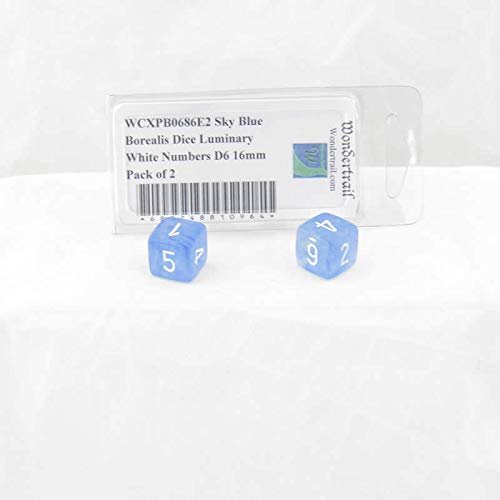 Sky Blue Borealis Dice Luminary with White Numbers D6 Aprox 16mm (5/8in) Pack of 2 Wondertrail