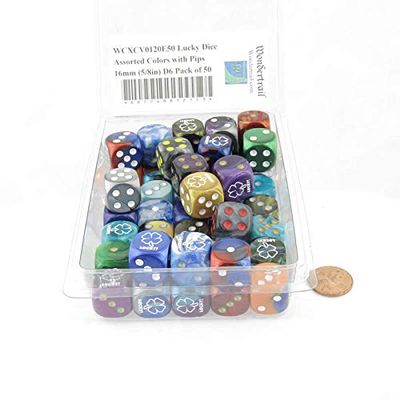 Lucky Dice Assorted Colors with Pips 16mm (5/8in) D6 Pack of 50 Wondertrail