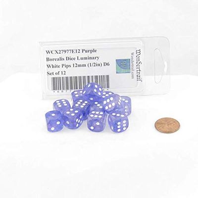 Purple Borealis Dice Luminary with White Pips 12mm (1/2in) D6 Set of 12 Wondertrail