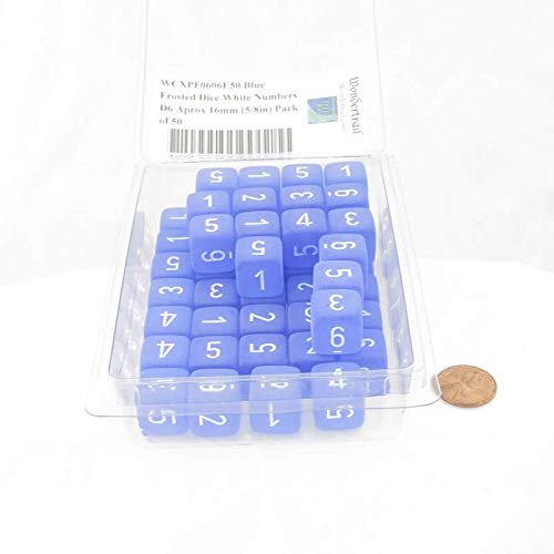 Blue Frosted Dice with White Numbers D6 Aprox 16mm (5/8in) Pack of 50 Wondertrail