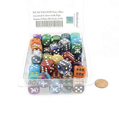 Navy Dice Assorted Colors with Pips 16mm (5/8in) D6 Pack of 50 Wondertrail