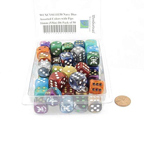 Navy Dice Assorted Colors with Pips 16mm (5/8in) D6 Pack of 50 Wondertrail