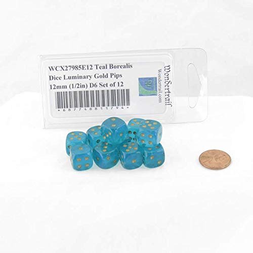 Teal Borealis Dice Luminary with Gold Pips 12mm (1/2in) D6 Set of 12 Wondertrail