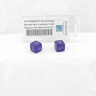 Royal Purple Borealis Dice Luminary with Gold Numbers D6 Aprox 16mm (5/8in) Pack of 2 Wondertrail