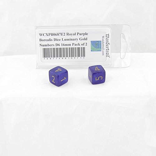 Royal Purple Borealis Dice Luminary with Gold Numbers D6 Aprox 16mm (5/8in) Pack of 2 Wondertrail