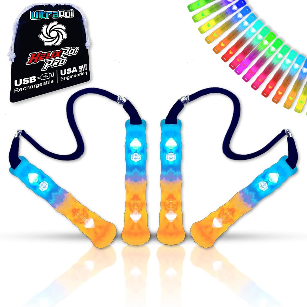UltraPoi HelixPoi Pro Set Rechargeable LED Poi w/ 50+ Color Modes Spinning Light Flow Toys w/Non-LED Knob Handles, Soft Cases & Adjustable Leashes Visual Poi for Rave, Parties & Performance