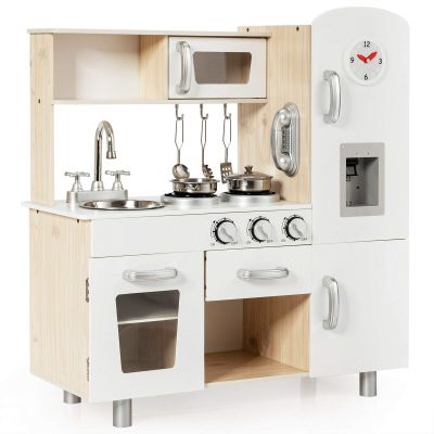 Costzon Kitchen Playset for Kids, Wooden Pretend Cooking Kitchen w/Utensils, Oven, Cabinets, Faucet, Sink & Telephone, Toddlers Play Kitchen Set with Accessories Gift for Age 3+ (Natural)