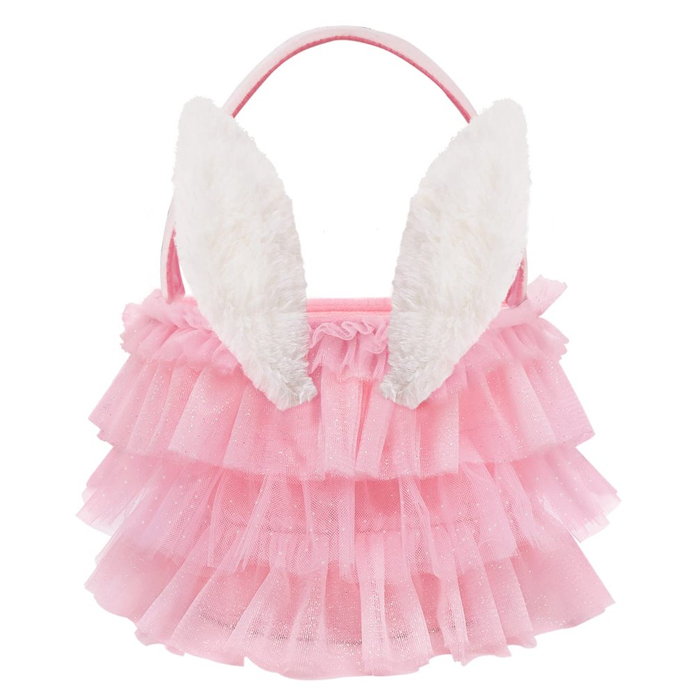 Bunny Chorus Tutu Easter Basket, Pink Ruffled Shining Tulle with Fluffy Bunny Ears, Easter Theme Party Favors Stuffers Gifts for Girls, Easter Egg Hanting Decorations Party Supplies