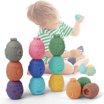 Baby Blocks Toys, 12PCS Soft Building Blocks Baby Teethers Toys, Montessori Sensory Infant Bath Squeeze Play Toy with Numbers Animals Shapes Textures Toy for 6 Months and Up