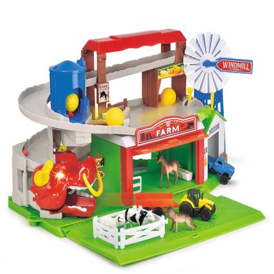 Dickie Toys 203739003 Farm Adventure Parking, Garage, Play Set, Light & Sound, Lift, Includes Animals, Hay Balls, Trap Door, 2 Toy Cars, 18 x 52 x 22.5 cm, for Children from 3 Years