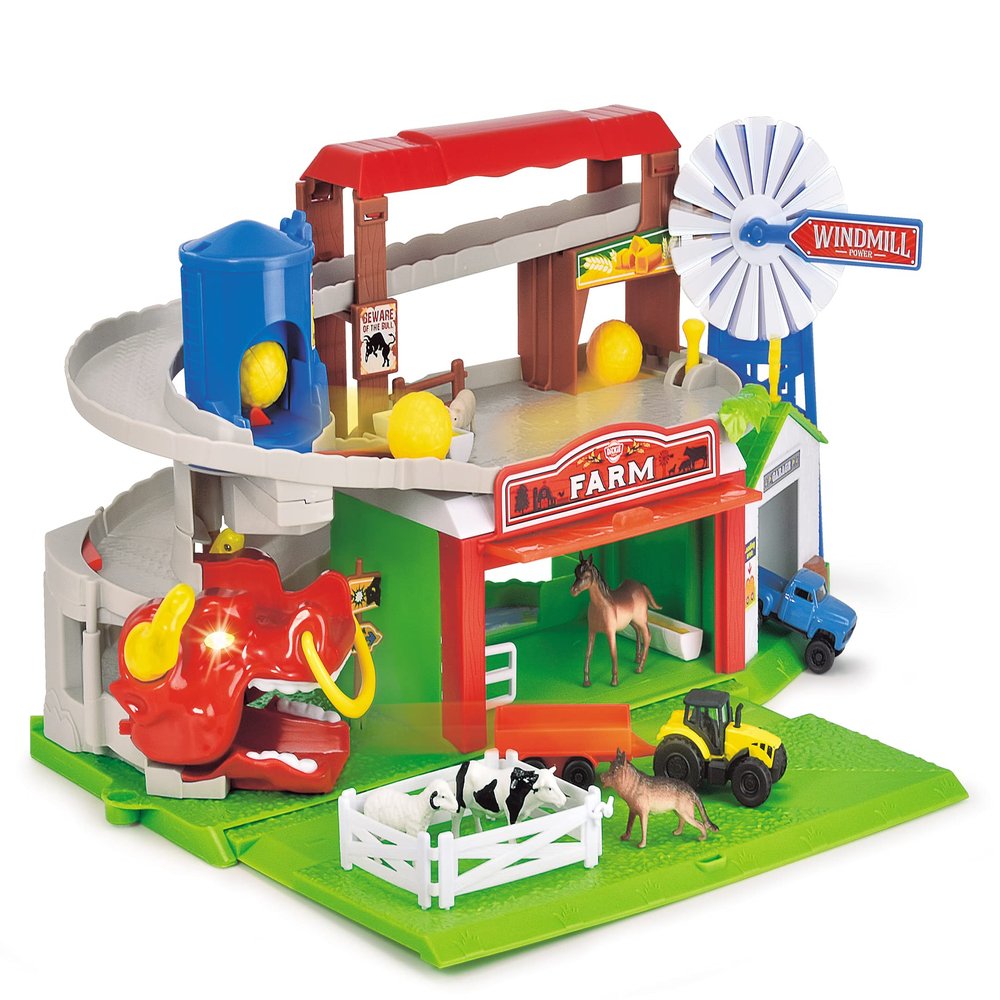 Dickie Toys 203739003 Farm Adventure Parking, Garage, Play Set, Light & Sound, Lift, Includes Animals, Hay Balls, Trap Door, 2 Toy Cars, 18 x 52 x 22.5 cm, for Children from 3 Years
