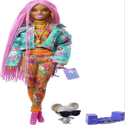 Barbie Extra Doll & Accessories with Long Pink Braids in Teal Floral Jacket & 2-Piece Floral Outfit with DJ Pet Mouse