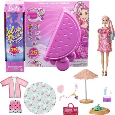 Barbie Color Reveal Foam! Doll & Pet Friend with 25 Surprises: Scented Bubble Solution, Outfits, Hair Extension, Accessories, Kid Bracelet & Charm Hidden in Sand; Sunny Watermelon-Theme