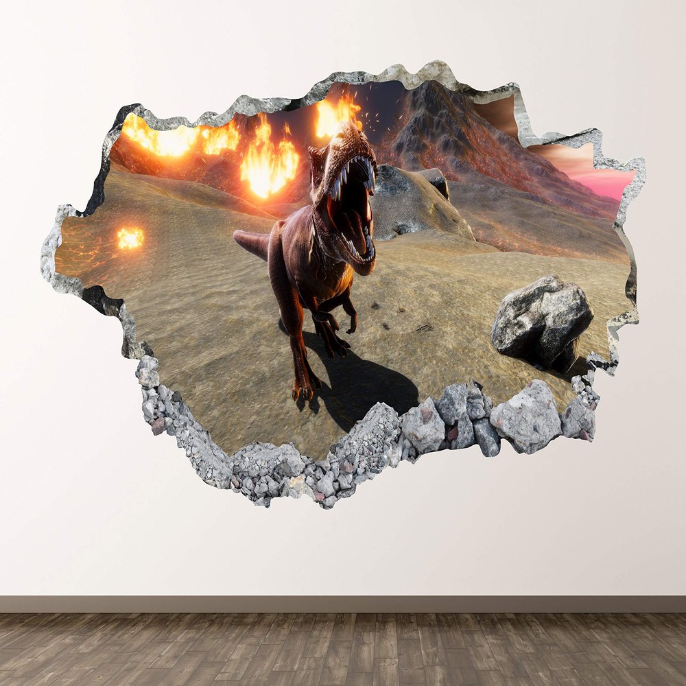 Dinosaur Volcano Wall Decal Art Decor 3D Smashed When Dinosaurs Roamed The Earth Sticker Poster Kids Room Mural Custom Gift BL1787 (50"w x 30"H)