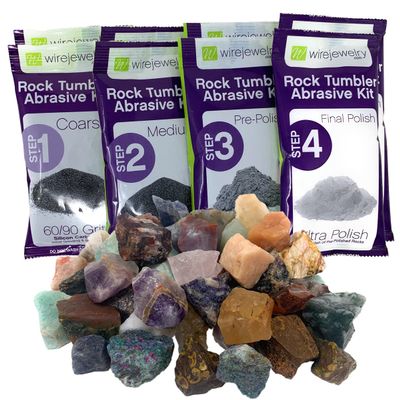WireJewelry Asia Rock Tumbler Refill Kit - 3 Lbs. of Asia Stone Mix and 2 Batches of 4 Step Abrasive Grit and Polish