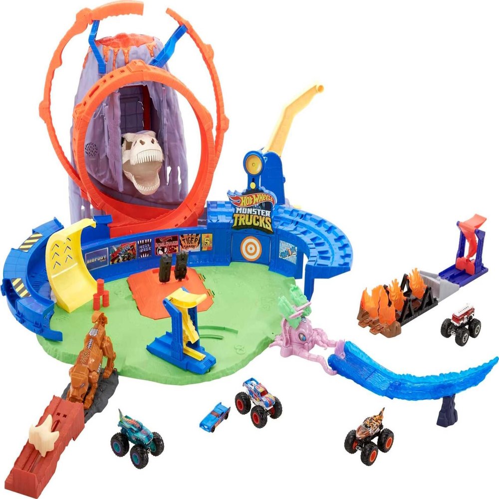 Hot Wheels Monster Trucks T-Rex Volcano Playset with 1:64 Scale Race Ace Toy Truck & 1 Toy Car, Track Set with Dinosaur Nemesis