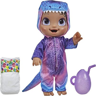 Baby Alive Dino Cuties Doll, Tyrannosaurus, Doll Accessories, Drinks, Wets, T-Rex Dinosaur Toy for Kids Ages 3 Years and Up, Black Hair