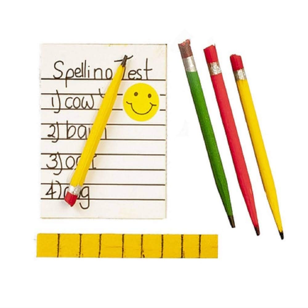 Town Square Miniatures Dollhouse Child's Spelling Test Ruler and Pencils 1:12 School Desk Accessory