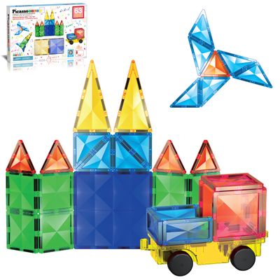 PicassoTiles 63 Piece Magnetic Building Block Construction Toy Set Diamond Magnet Tile Blocks with Car Truck STEM Learning Kit Early Education Builder Playset Toys for Children Toddler Boy Girl Age 3+