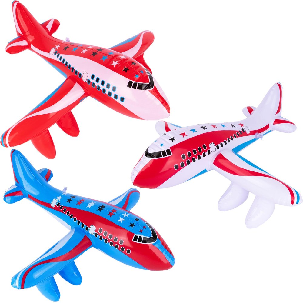 ArtCreativity Inflatable Airplanes, Set of 3, Blow Up Airplane with Hanging Hook, Airplane Party Decorations, 20 Inch Long Jet Inflates, Fun Pretend Play Accessories, Red, White, and Blue