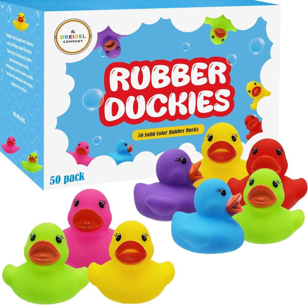 The Dreidel Company Classic Rubber Duck Toy Duckies for Kids, Six Solid Colors, Bath Birthday Gifts Baby Showers Classroom Summer Beach and Pool Activity, 2" (50-Pack)