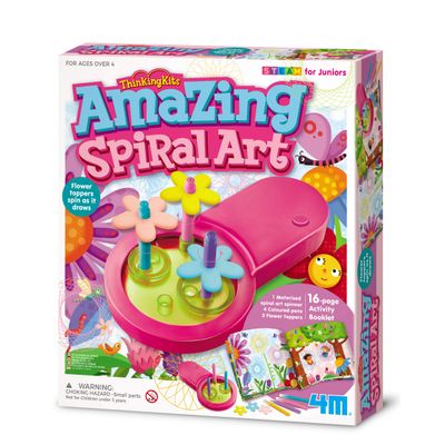 4M Toysmith, Thinking Kits Amazing Spiral Art from STEAM for Juniors, Flower Toppers Spin as The Motorized Art Spinner Draws 16-Page Full Color Activity Book Included, Ages 4+
