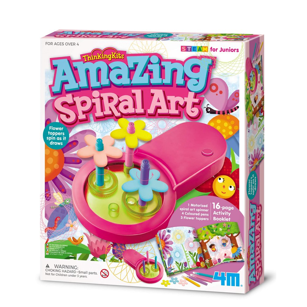 4M Toysmith, Thinking Kits Amazing Spiral Art from STEAM for Juniors, Flower Toppers Spin as The Motorized Art Spinner Draws 16-Page Full Color Activity Book Included, Ages 4+