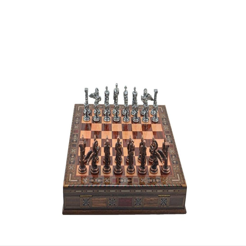 Antique Copper Medium Mythologic Pegasus Metal Chess Set for Adults,Handmade Pieces and Natural Solid Wooden Chess Board with Storage Inside (Rose)